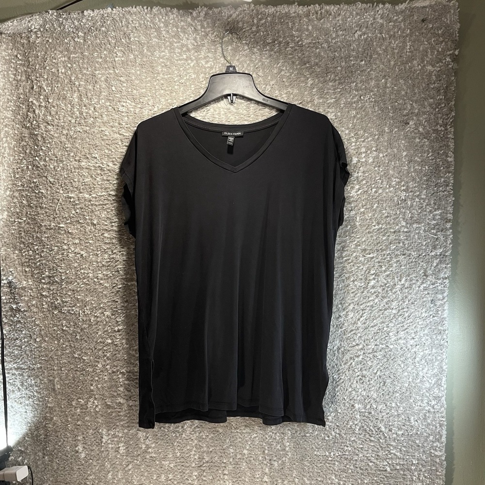 EILEEN FISHER Black V-Neck Tencel Lyocell Short Sleeve Tee Top Petite L Tunic